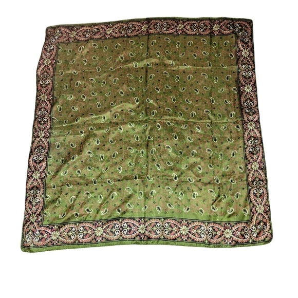 Vintage Silk Scarf 34"x 33" Green Orange Paisley Print - Picture 1 of 4